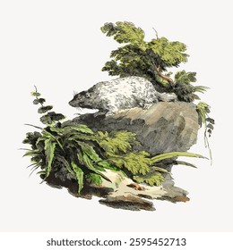 Vintage illustration of a marmot on a rock. Marmot surrounded by lush greenery. Marmot depicted in a natural setting with detailed foliage. Vintage vector illustration.