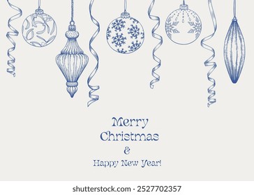 Vintage illustration Marry Christmas and happy new year with balls, toys, ribbons. Blue beige. Hand drawn Vector background for design holiday decor, decoration, greeting card, cover, poster