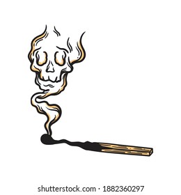 vintage illustration matchstick burned emitting skull smoke