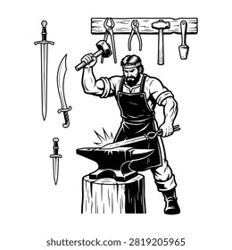 Vintage illustration of a medieval blacksmith working at an anvil. He is forging a sword with a hammer. Traditional workshop tools hang on the wall. Historical craftsmanship.