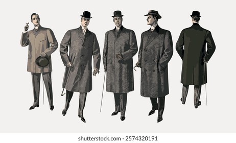 Vintage illustration of men in classic suits and coats, showcasing early 20th-century fashion. Men in suits, coats, and hats, exuding elegance and style. Vintage art drawing illustration vector.