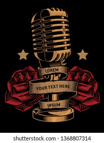 Vintage illustration of a microphone with roses and a ribbon on the dark background. All elements and text are in separate groups.