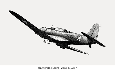 Vintage illustration of a military aircraft. The aircraft is shown in flight, highlighting its wings and tail. Classic military aircraft design. Vintage art drawing, isolated vector element.