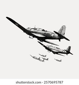 Vintage illustration of military planes in flight. Retro planes in formation, showcasing classic military aviation. Detailed vintage aircraft drawing. Vintage art drawing, isolated vector element.