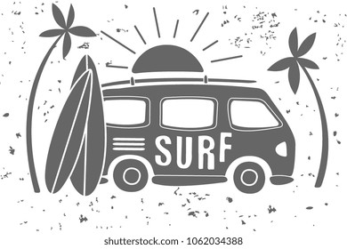 Vintage illustration of mini van with lettering, sun, two surfboards and palm trees. Extreme water sport. Monochrome vector design for surfing club or t-shirt print