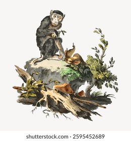 Vintage illustration of a monkey sitting on a rock with foliage. The monkey, depicted in a classic style, is surrounded by plants and natural elements. Vintage vector illustration.