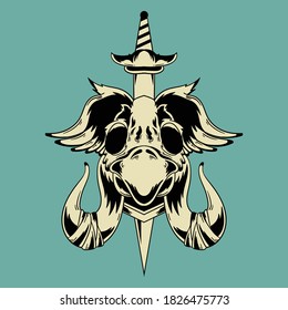 Vintage Illustration Monster Duck and Wing Sword Stuck on head and a fragile trunk Isolated Design Vector