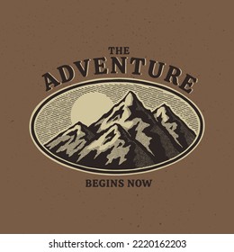 Vintage illustration of mountain landscape. The Adventure Begins Now. 