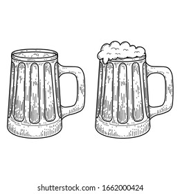 Vintage illustration of mug of beer in engraving style. Design element for logo, label, emblem, sign. Vector illustration