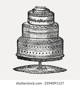 Vintage illustration of a multi-tiered cake. Detailed cake design with intricate patterns. Classic cake art with ornate decorations. Elegant cake illustration. Vintage illustration isolated, vector.