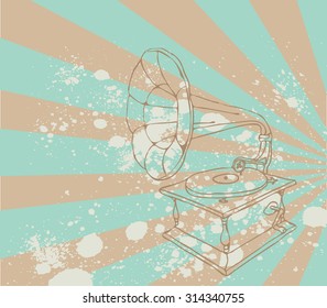 Vintage illustration with music gramophone. Hand drawing. Retro sketch style vector illustration