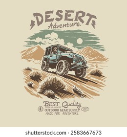 Vintage illustration old 4x4 car offroad rally adventure desert landscape nature national park. Retro outdoor apparel design