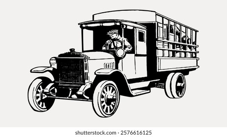 Vintage illustration of an old truck with a driver. The truck, an antique vehicle, showcases classic design. The driver is depicted in a detailed sketch. Vintage style art, isolated vector.