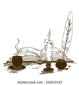 Vintage illustration with old writing attributes and book