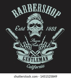 Vintage illustration on the theme of a barbershop with a skull and a straight razor on a dark background. All elements and text are in a separate group.