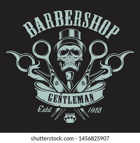 Vintage illustration on the theme of the barbershop with a skull on a dark background. All elements and text are in a separate group.