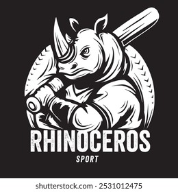 Vintage illustration of a one-horned rhinoceros holding a baseball bat for patch and logo needs