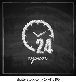 vintage illustration with open 24 hours a day sign on blackboard background. 