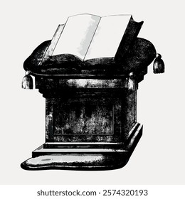 Vintage illustration of an open book on a decorative stand. The book is open, resting on a stand, with tassels. Classic, antique book and stand design. Vintage style art, isolated vector.