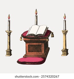 Vintage illustration of an open book on a stand with candles. The book and candles create a classic, vintage atmosphere. Book and candles symbolize knowledge. Vintage style art, isolated vector.