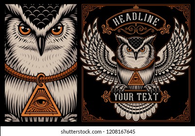 Vintage illustration of Owl with amulet of all seeing eye on the dark background. layered, text is on the separate group. Color version.