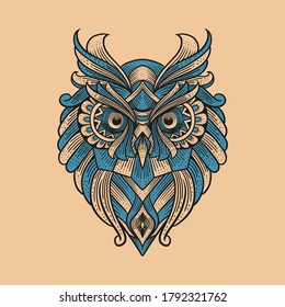 vintage illustration owl head ornamental illustration engraving style