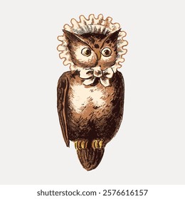 Vintage illustration of an owl with a ruffled collar. The owl, with its detailed feathers and expressive eyes, stands out in this classic, artistic depiction.