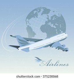 Vintage illustration of a passenger aircraft engaged on an intercontinental flight. Abstract image of the globe with the continents. Strength, beauty and speed. Business concept design.