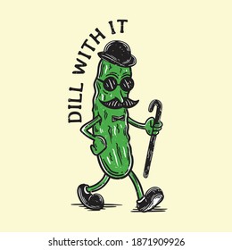 vintage illustration pickles wear a hat with a mustache and hold a stick