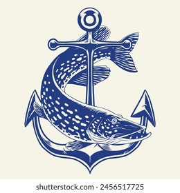 Vintage Illustration of Pike Fish Swimming Around Anchor
