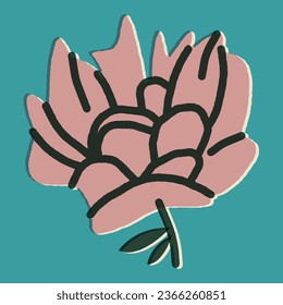 Vintage illustration with pink peony flower. Vector postcard, print, poster, design