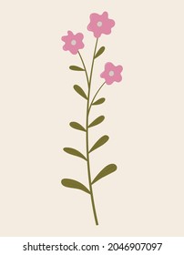 Vintage illustration of pink wild flower. Medicinal herb. Branch with leaves. Botanical vector of forest flora. Hand drawn colorful floral element. Clipart for design and print