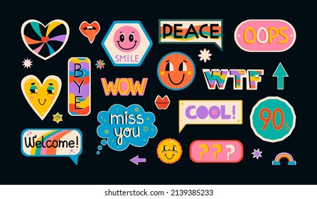 Vintage Illustration Pop Color Style Flat Design 90s Sticker. Cool trendy retro stickers with smile faces, cartoon comic label patches.