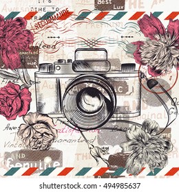 Vintage illustration or postcard with retro camera and flowers for design