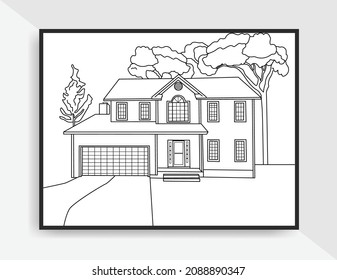 Vintage illustration or poster line art hand drawn of house landscape for coloring page