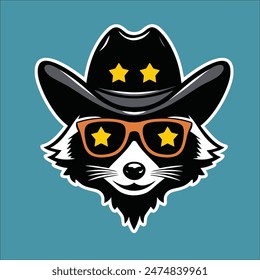 vintage illustration of raccoon with a cowboy hat and cool sunglasses	