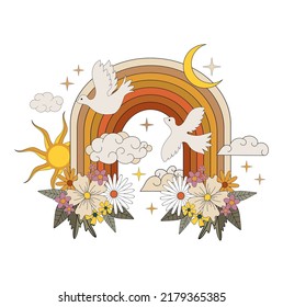 Vintage illustration with rainbow, flowers. Dove of peace. Sun, clouds, Retro 70s. Hippie. Vector illustration.