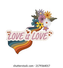 Vintage illustration with rainbow, flowers. Retro 70s. Hippie style vector print for t-shirt or stickers.