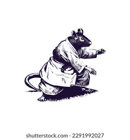 Vintage illustration of a rat doing judo. an old-school drawing of a martial art master mouse. Aesthetic retro logo of a rodent isolated on white background. vector logo.