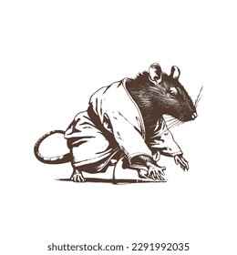 Vintage illustration of a rat doing judo. an old-school drawing of a martial art master mouse. Aesthetic retro logo of a rodent isolated on white background. vector logo.