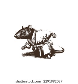 Vintage illustration of a rat doing judo. an old-school drawing of a martial art master mouse. Aesthetic retro logo of a rodent isolated on white background. vector logo.