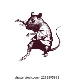 Vintage illustration of a rat doing karate. an old-school drawing of a martial art master mouse. Aesthetic retro logo of a rodent isolated on white background. vector logo.