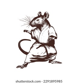 Vintage illustration of a rat doing karate. an old-school drawing of a martial art master mouse. Aesthetic retro logo of a rodent isolated on white background. vector logo.