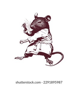 Vintage illustration of a rat doing karate. an old-school drawing of a martial art master mouse. Aesthetic retro logo of a rodent isolated on white background. vector logo.