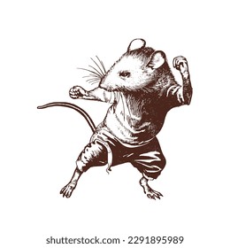 Vintage illustration of a rat doing karate. an old-school drawing of a martial art master mouse. Aesthetic retro logo of a rodent isolated on white background. vector logo.