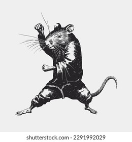 Vintage illustration of a rat doing kungfu. an old-school drawing of a martial art master mouse. Aesthetic retro logo of a rodent isolated on white background. vector logo