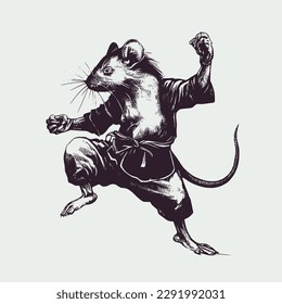 Vintage illustration of a rat doing kungfu. an old-school drawing of a martial art master mouse. Aesthetic retro logo of a rodent isolated on white background. vector logo