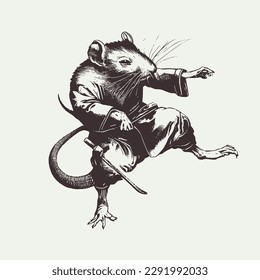 Vintage illustration of a rat doing kungfu. an old-school drawing of a martial art master mouse. Aesthetic retro logo of a rodent isolated on white background. vector logo