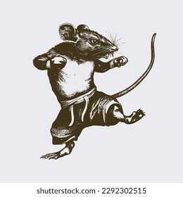 Vintage illustration of a rat doing muay thai. an old-school drawing of a martial art master mouse. Aesthetic retro logo of a rodent isolated on white background. vector logo.