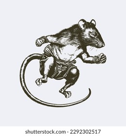 Vintage illustration of a rat doing muay thai. an old-school drawing of a martial art master mouse. Aesthetic retro logo of a rodent isolated on white background. vector logo.